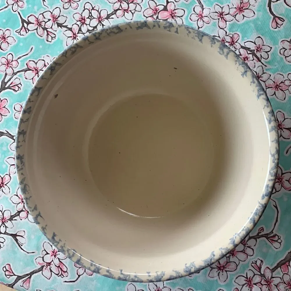 Blue Spongeware Large Mixing Bowl Pottery Floral Stencil